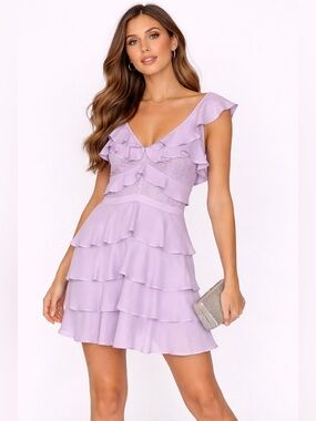 Bardot Babylon Lilac Ruffle Mini Dress Lace Trim Sz 4 Cottagecore Coquette